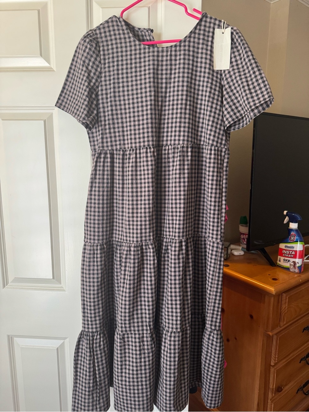 Gingham Tiered Midi Dress in Black & brown